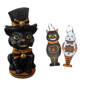 Johanna Parker Style Halloween Decor Bundle Black Cat Statue & Hanging Signs